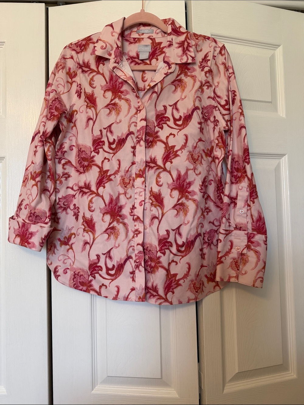 Chico’s Pink Floral-Print Button Down Shirt No Iron